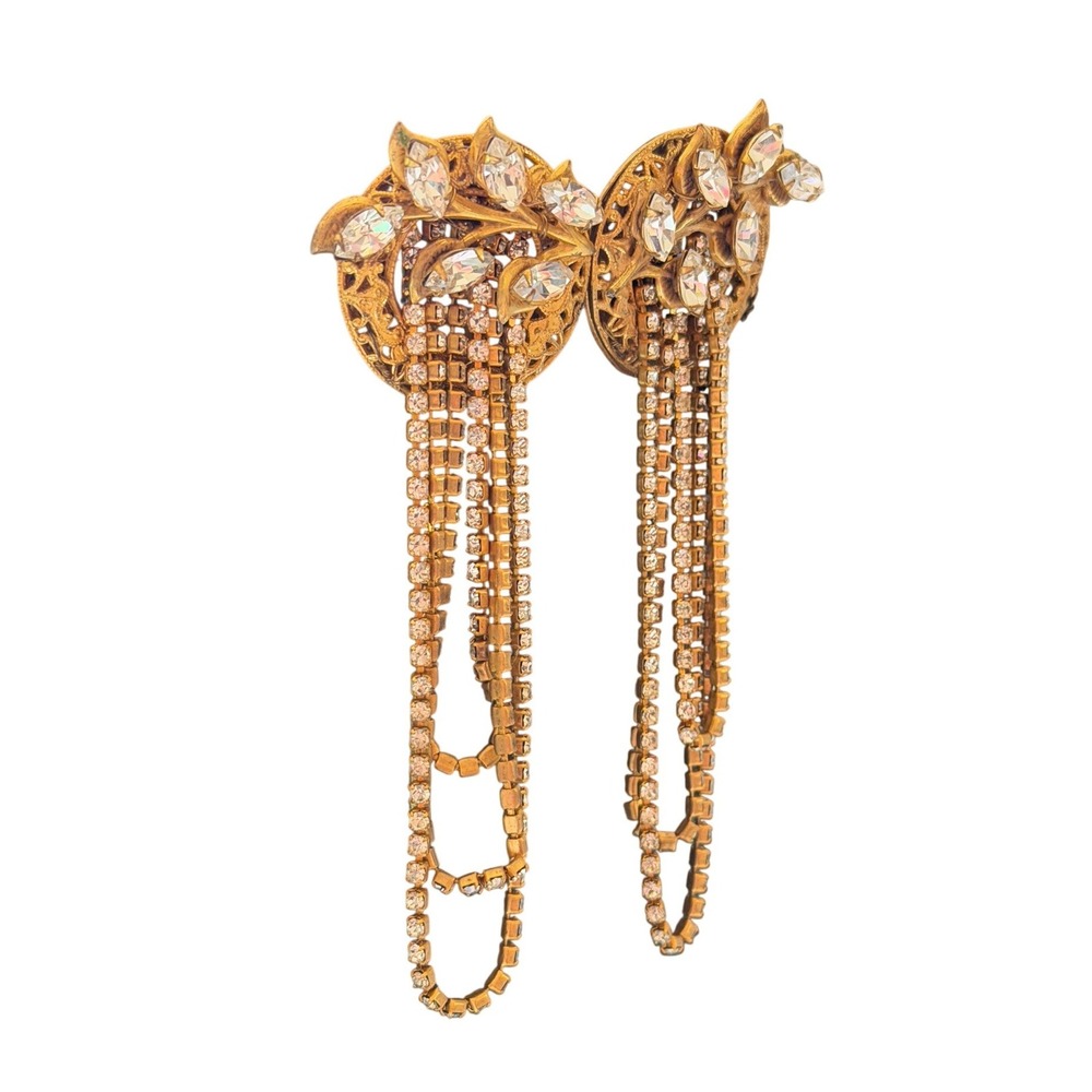 Vintage Miriam Haskell SIgned Gold Tone Rhinestone Waterfall Chandelier Earrings